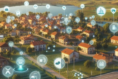 Imagen de un pueblo con ilustraciones de sensores repartidos