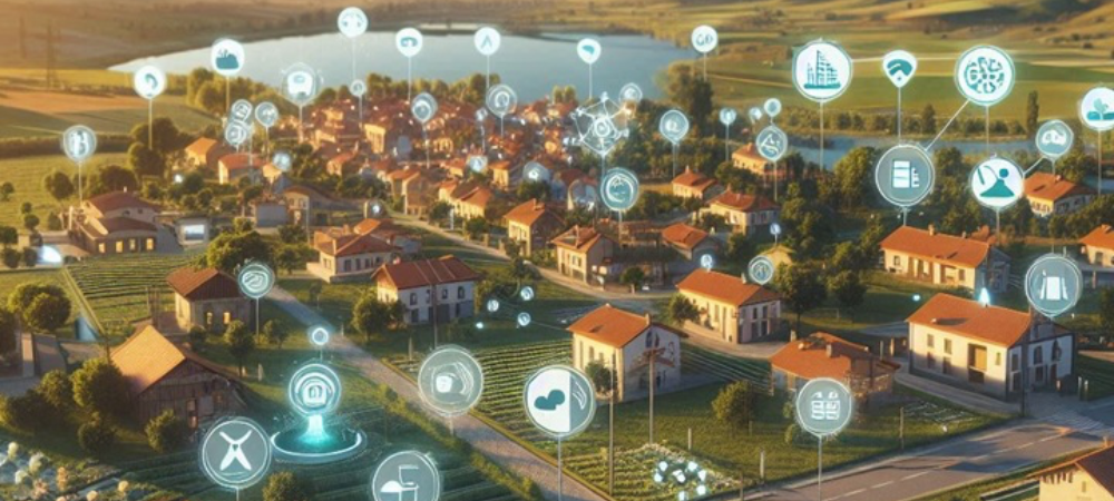 Imagen de un pueblo con ilustraciones de sensores repartidos