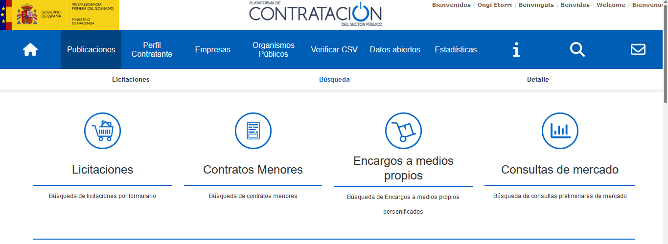 Imagen del portal de contratación pública donde se representa el acceso a los diferentes tipos de contratos