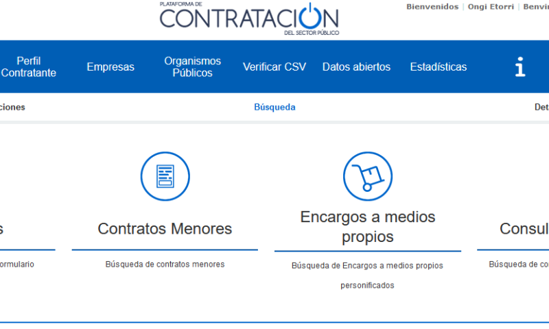 Imagen del portal de contratación pública donde se representa el acceso a los diferentes tipos de contratos